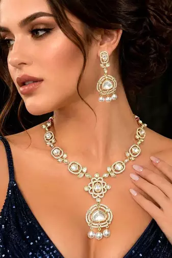 Gold Kundan Necklace Set, Polki Style Bridal Jewelry, Pearl Drop Earrings