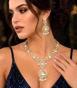 Gold Kundan Necklace Set, Polki Style Bridal Jewelry, Pearl Drop Earrings
