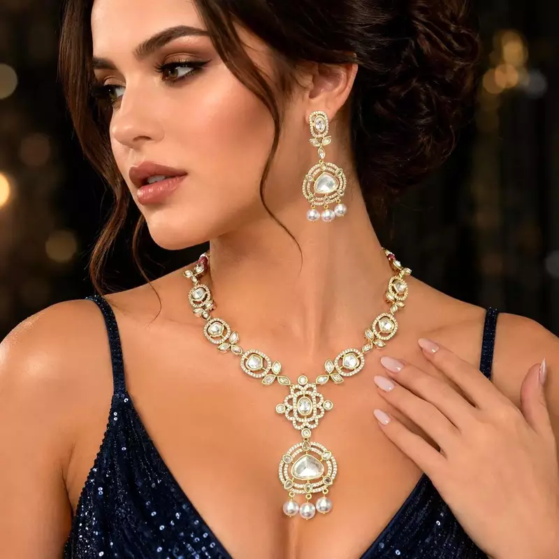 Gold Kundan Necklace Set, Polki Style Bridal Jewelry, Pearl Drop Earrings
