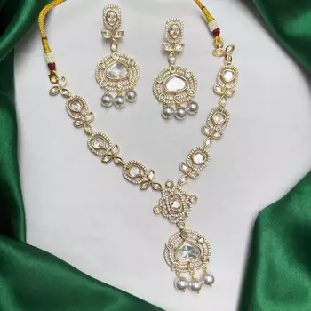 Gold Kundan Necklace Set, Polki Style Bridal Jewelry, Pearl Drop Earrings 2