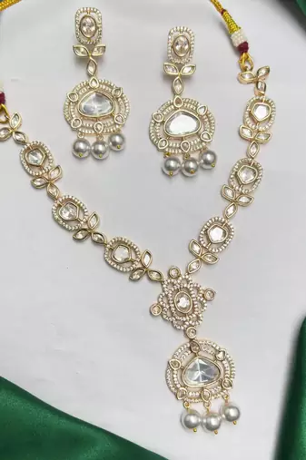 Gold Kundan Necklace Set, Polki Style Bridal Jewelry, Pearl Drop Earrings