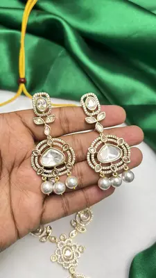 Gold Kundan Necklace Set, Polki Style Bridal Jewelry, Pearl Drop Earrings 3
