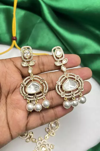 Gold Kundan Necklace Set, Polki Style Bridal Jewelry, Pearl Drop Earrings