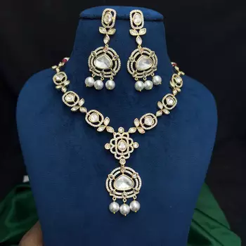 Gold Kundan Necklace Set, Polki Style Bridal Jewelry, Pearl Drop Earrings 4