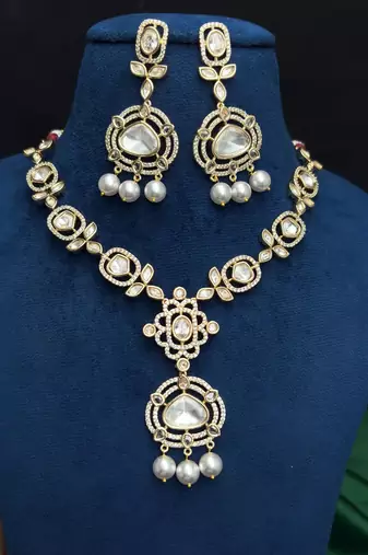 Gold Kundan Necklace Set, Polki Style Bridal Jewelry, Pearl Drop Earrings