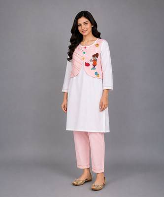 Pink off white embroidered cotton poplin kurta set 1