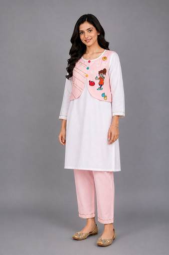 Pink off white embroidered cotton poplin kurta set
