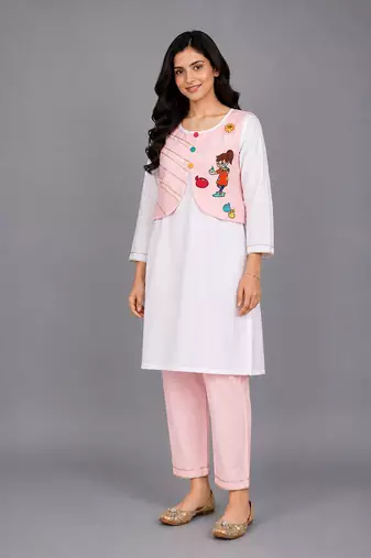 Pink off white embroidered cotton poplin kurta set