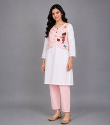 Pink off white embroidered cotton poplin kurta set