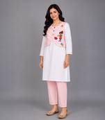 Pink off white embroidered cotton poplin kurta set