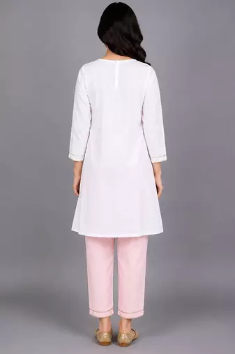Pink off white embroidered cotton poplin kurta set