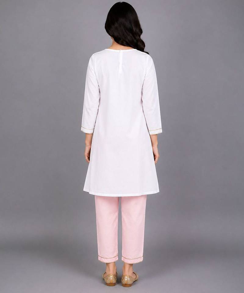 Pink off white embroidered cotton poplin kurta set