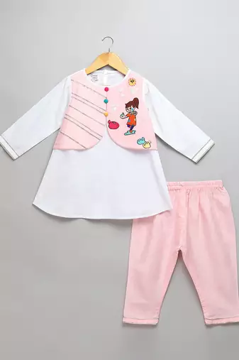 Pink off white embroidered cotton poplin kurta set