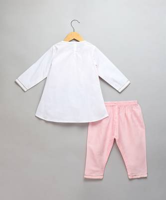 Pink off white embroidered cotton poplin kurta set 4