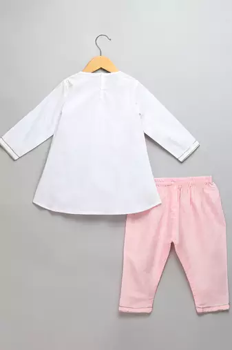 Pink off white embroidered cotton poplin kurta set