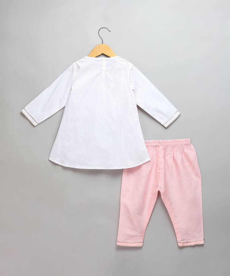 Pink off white embroidered cotton poplin kurta set