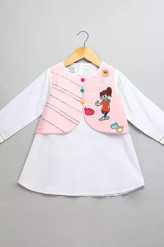 Pink off white embroidered cotton poplin kurta set