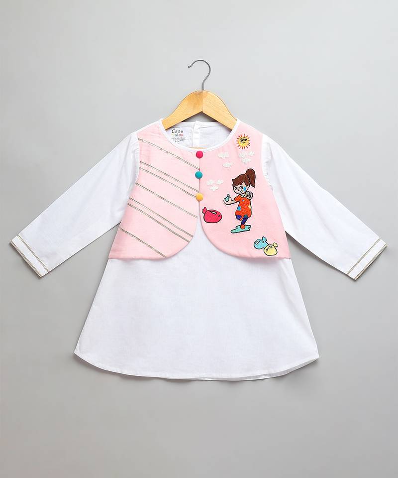 Pink off white embroidered cotton poplin kurta set