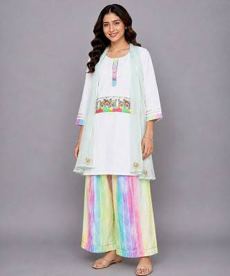 Off white multicolor printed cotton poplin kurta set 1