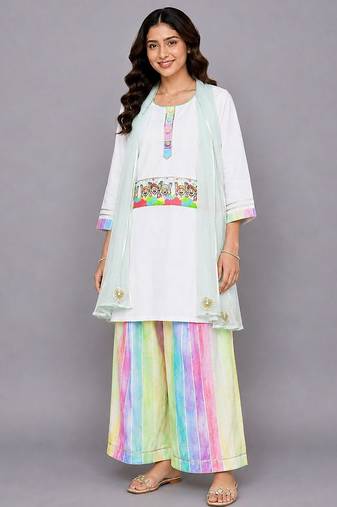 Off white multicolor printed cotton poplin kurta set