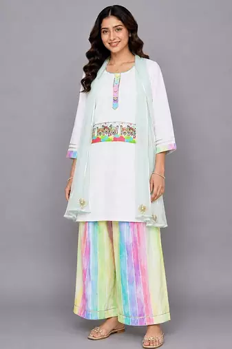 Off white multicolor printed cotton poplin kurta set