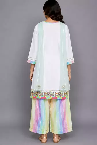 Off white multicolor printed cotton poplin kurta set