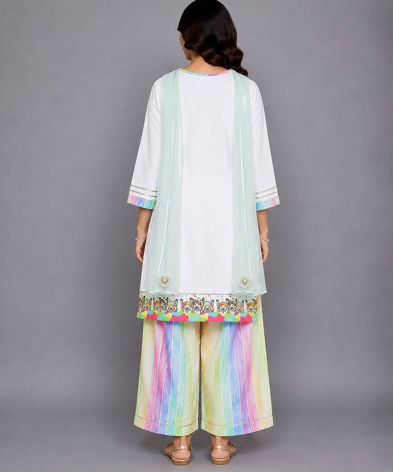 Off white multicolor printed cotton poplin kurta set