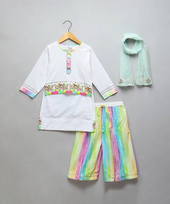 Off white multicolor printed cotton poplin kurta set 3