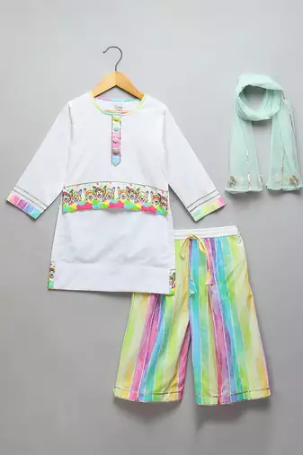 Off white multicolor printed cotton poplin kurta set
