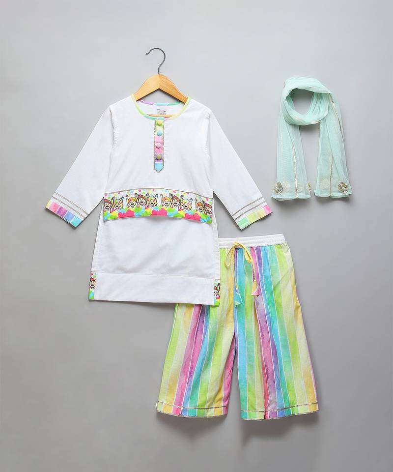 Off white multicolor printed cotton poplin kurta set