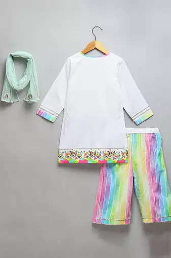 Off white multicolor printed cotton poplin kurta set