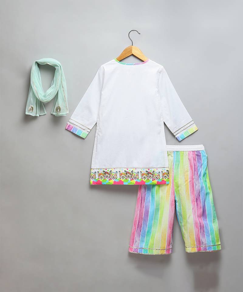 Off white multicolor printed cotton poplin kurta set