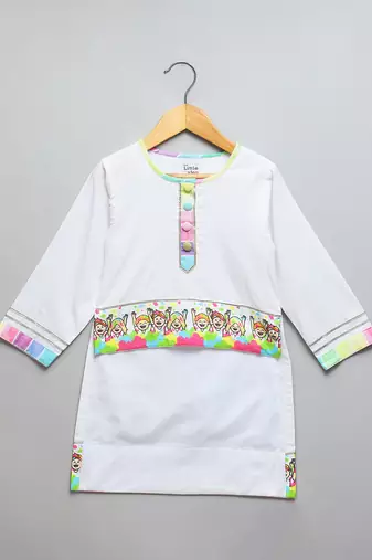 Off white multicolor printed cotton poplin kurta set