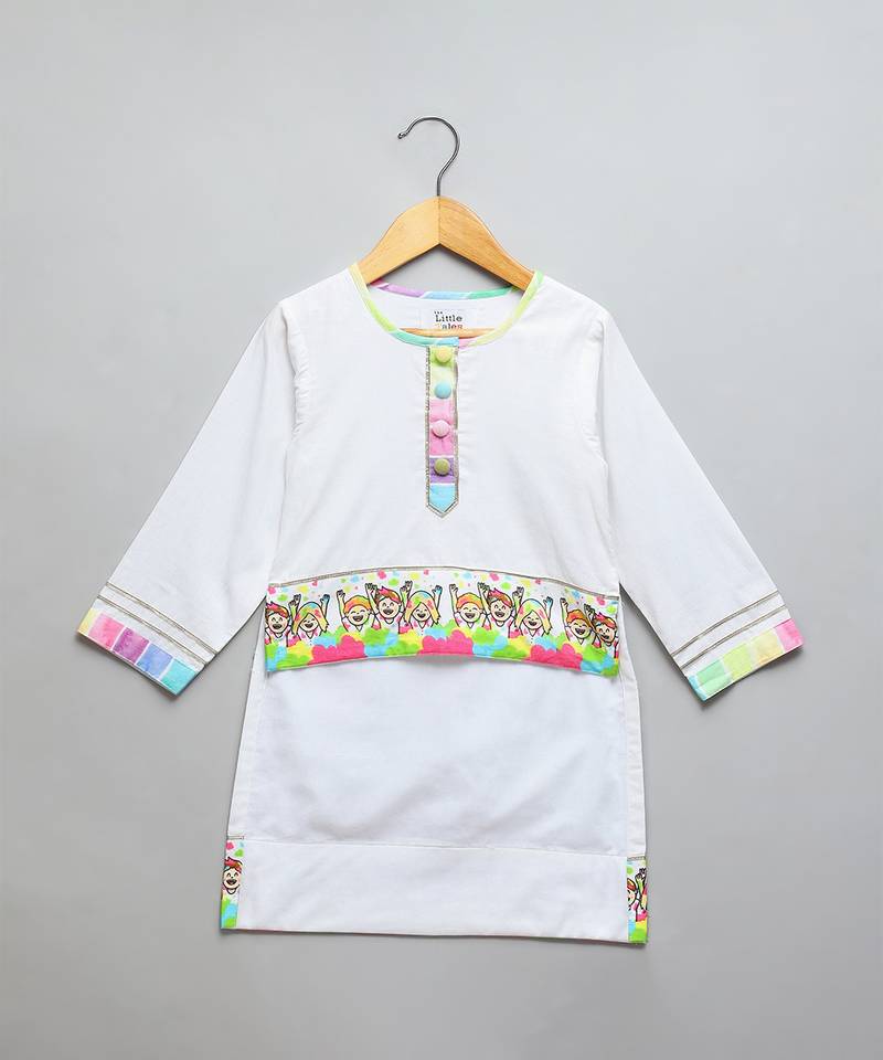 Off white multicolor printed cotton poplin kurta set