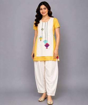 Yellow off white embroidered cotton silk kurta set 1