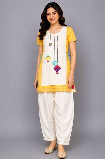 Yellow off white embroidered cotton silk kurta set