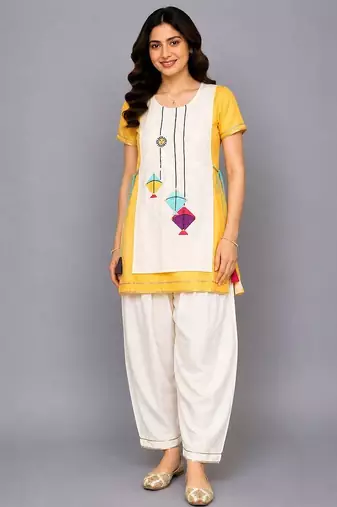 Yellow off white embroidered cotton silk kurta set