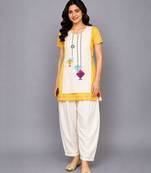 Yellow off white embroidered cotton silk kurta set