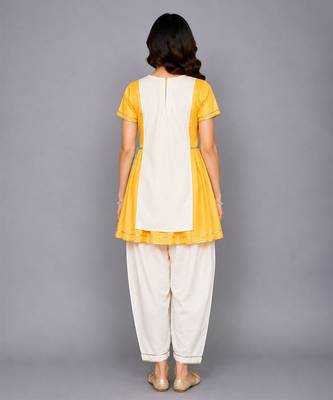 Yellow off white embroidered cotton silk kurta set 2