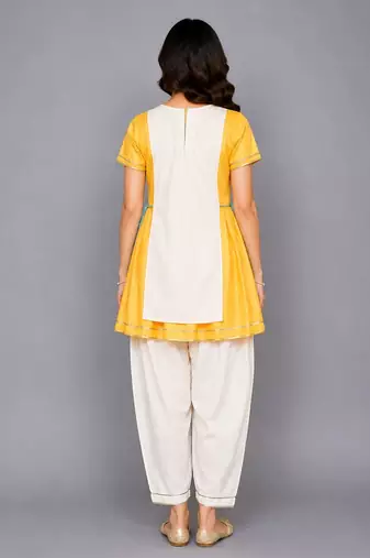 Yellow off white embroidered cotton silk kurta set