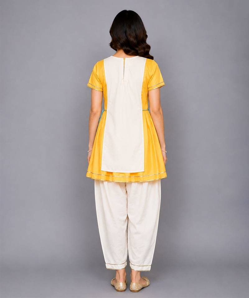 Yellow off white embroidered cotton silk kurta set