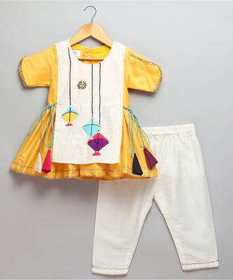Yellow off white embroidered cotton silk kurta set 3