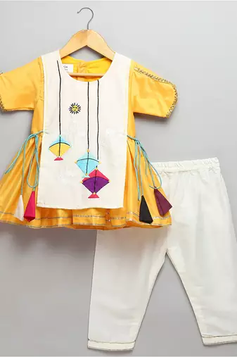 Yellow off white embroidered cotton silk kurta set