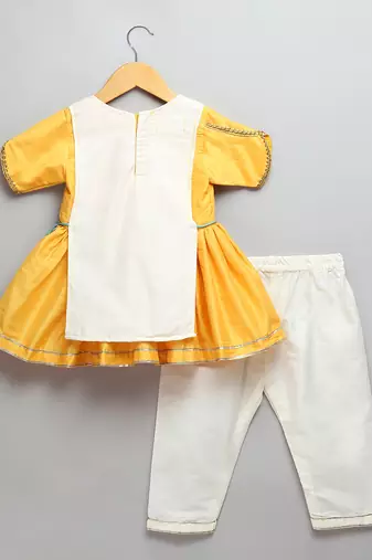 Yellow off white embroidered cotton silk kurta set