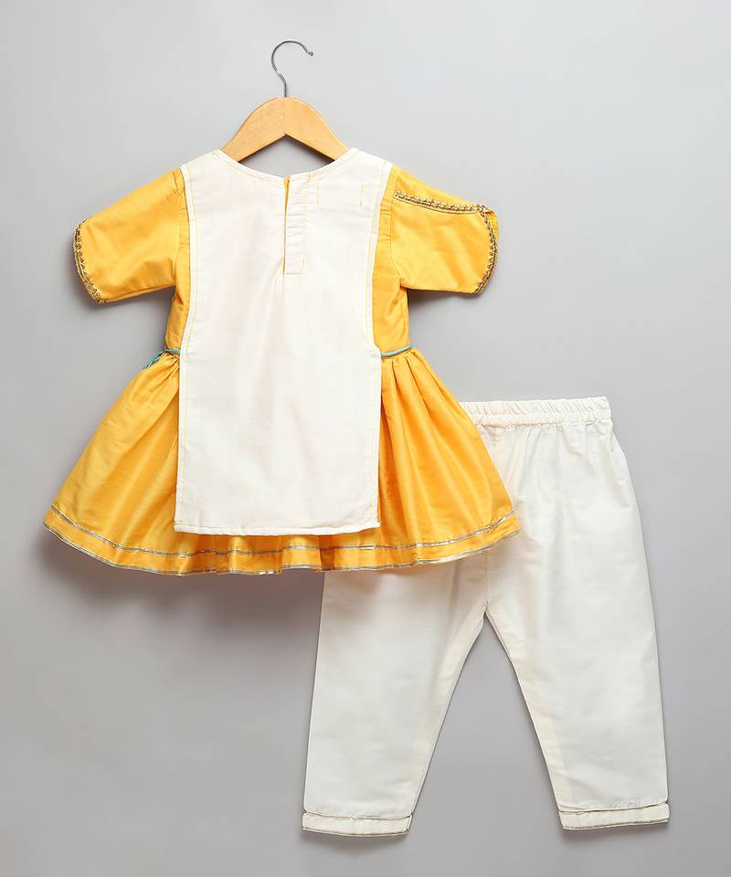 Yellow off white embroidered cotton silk kurta set