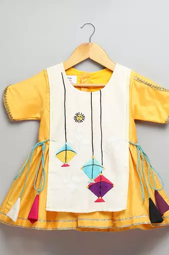 Yellow off white embroidered cotton silk kurta set