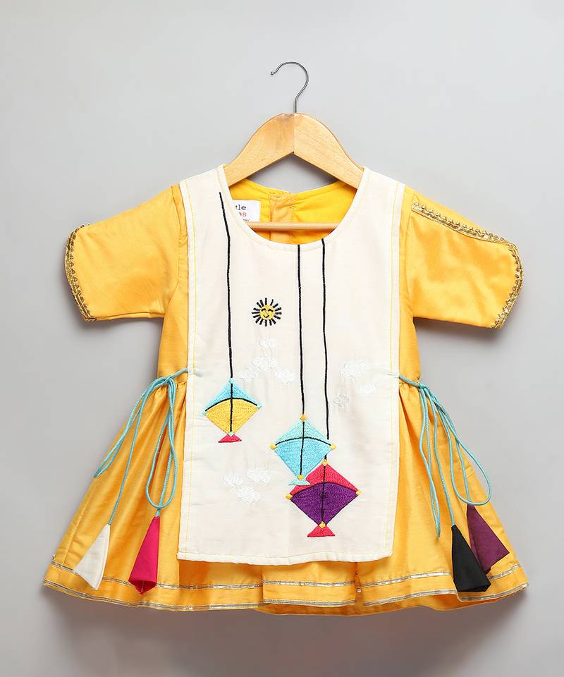 Yellow off white embroidered cotton silk kurta set