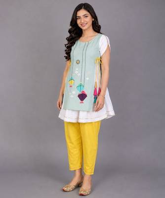 Powder blue embroidered cotton silk kurta set 1