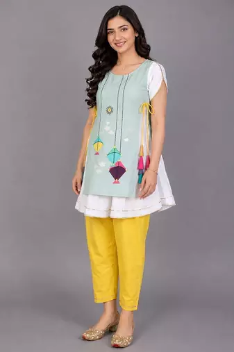 Powder blue embroidered cotton silk kurta set