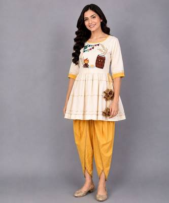Off white yellow embroidered cotton silk kurta dhoti set 1